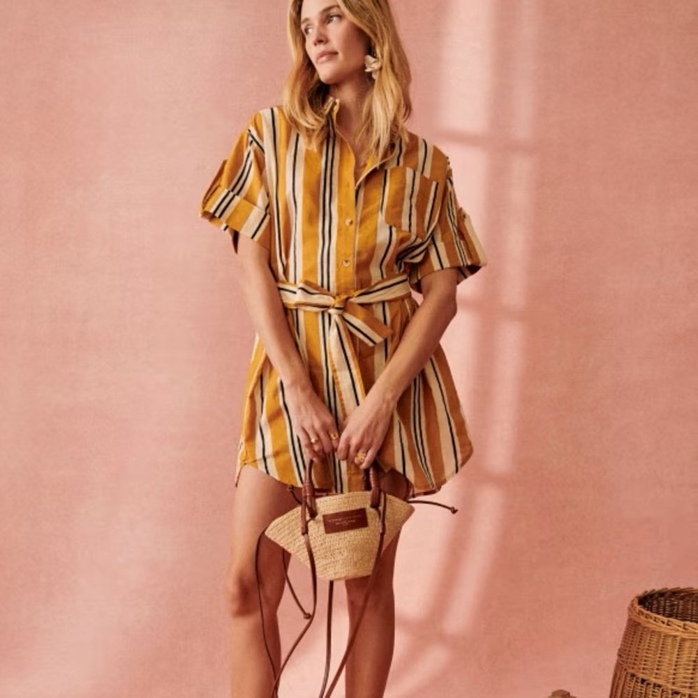 Sézane sz S Celia Striped Shirt Dress in Ochre Ecru Belted Oversized - Picture 3 of 9